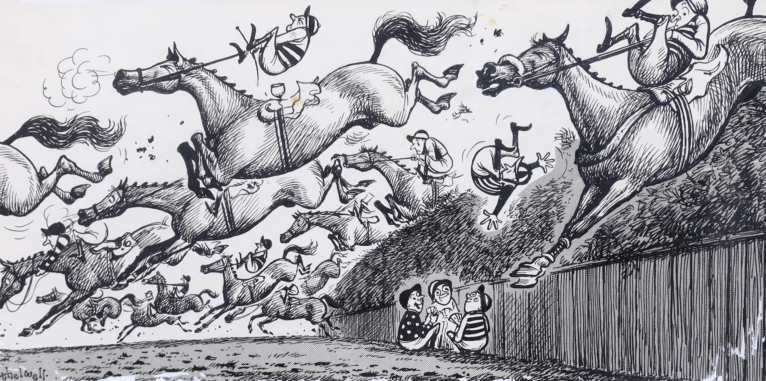 Norman Thelwell (English, 1923-2004), 'Here comes Charlie! let's have a rubber of bridge', pen and ink with zipatone and crayon, 15.5 x 31cm